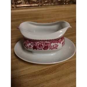 Vintage Toile Gravy Boat White Floral With Tray Bavarian Shabby Cottage